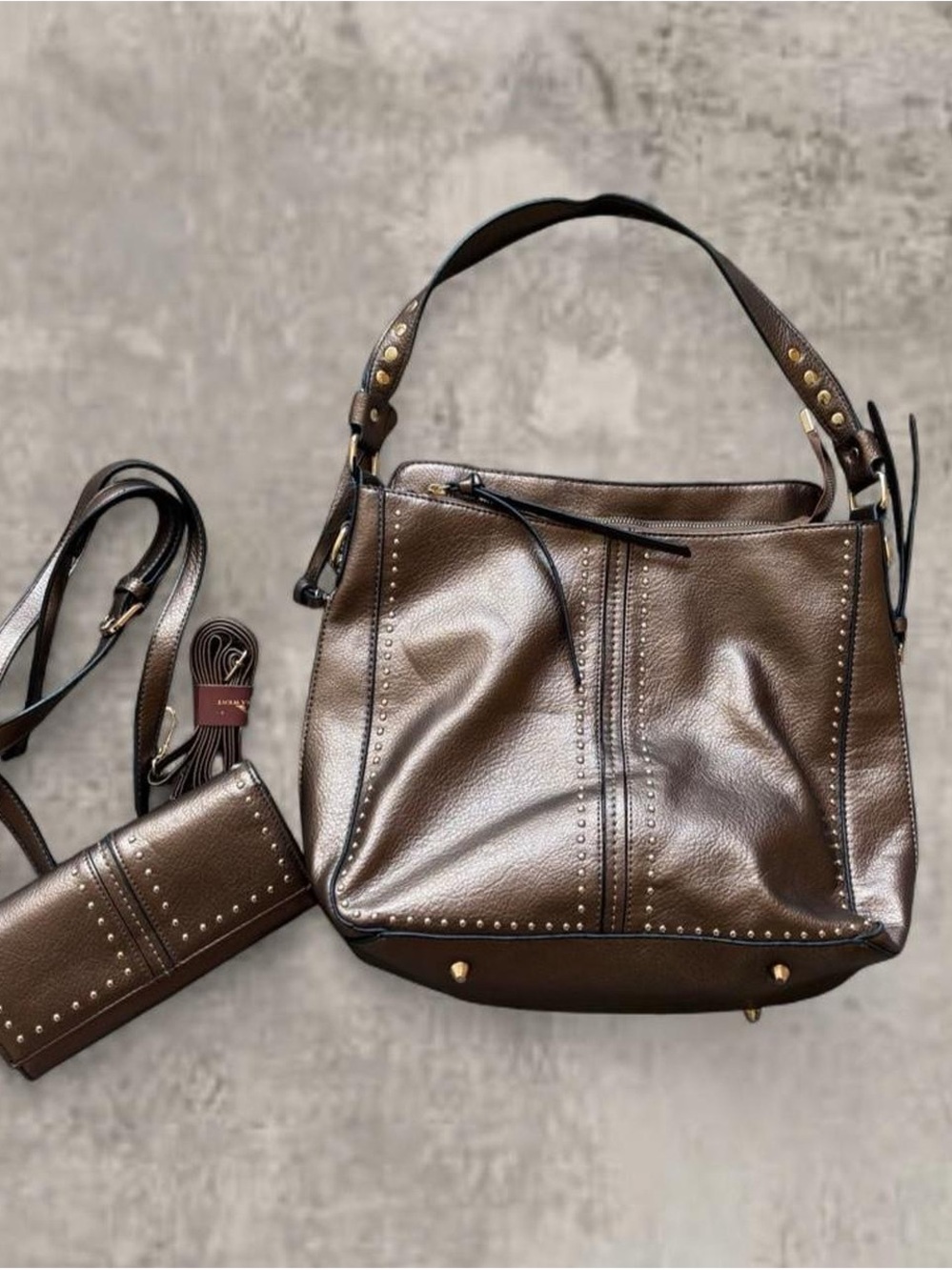 NWT Montana West Brown Studded Leather Shoulder Bag with Wallet Set